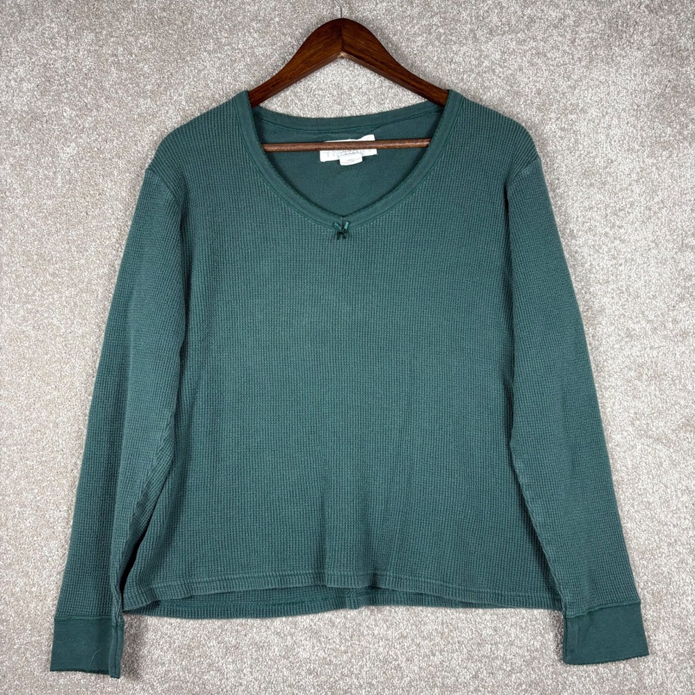 Victorias Secret Country Green Waffle Knit Thermal V-Neck Top L Bow Long Sleeve